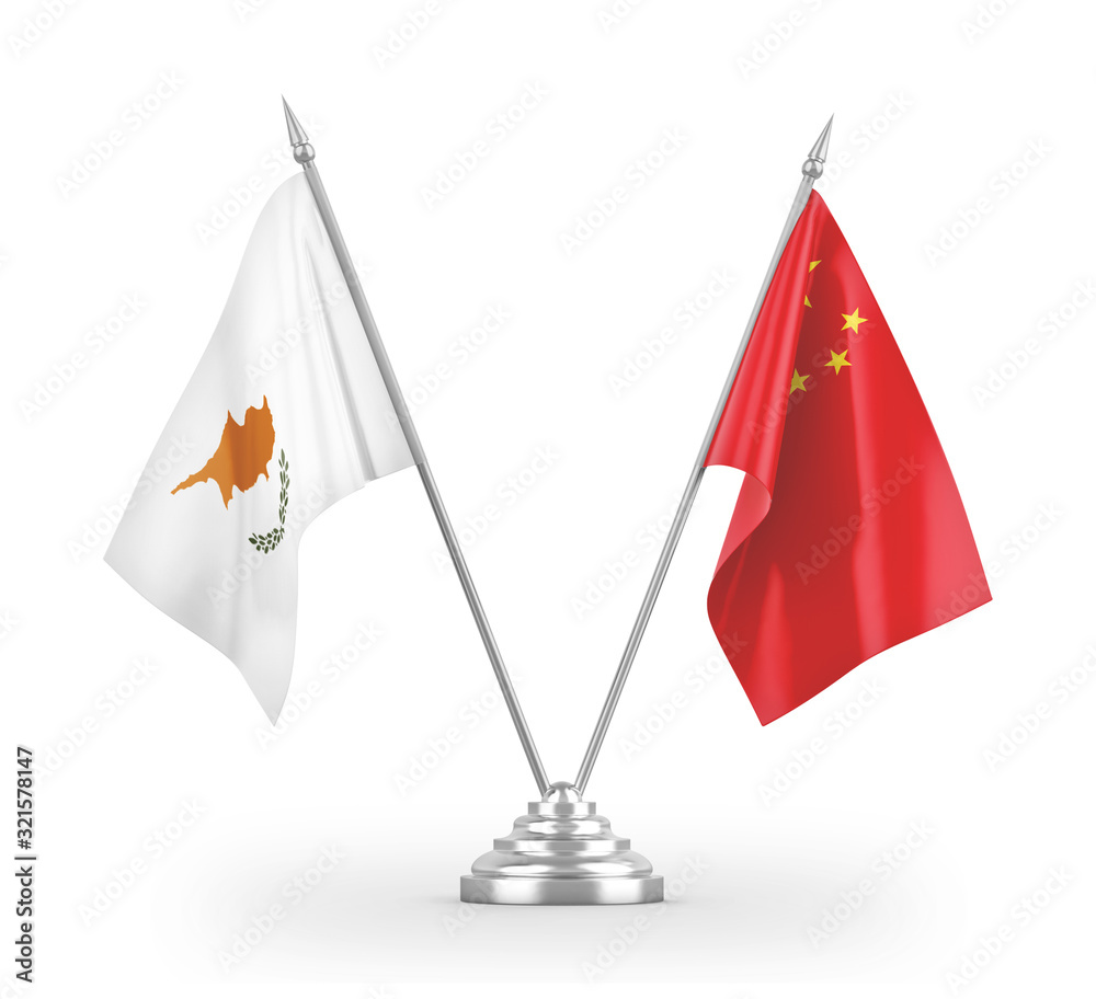 China and Cyprus table flags isolated on white 3D rendering China and Cyprus table flags isolated on white 3D rendering