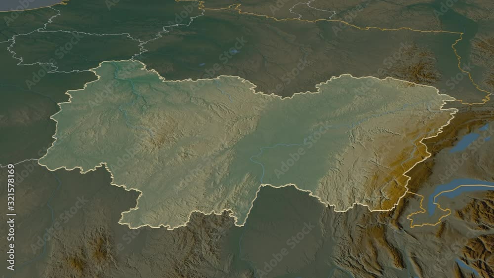 Bourgogne-Franche-Comté, region with its capital, zoomed and extruded on the relief map of France in the conformal Stereographic projection. Animation 3D Bourgogne-Franche-Comté, region with its capital, zoomed and extruded on the relief map of France in the conformal Stereographic projection. Animation 3D