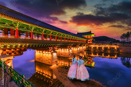 sunset at Woljeong Bridge at city of Gyeongju, South Korea. photo