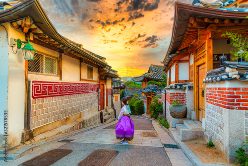 The atmosphere before the sunset at Bukchon hanok village,South Korea.