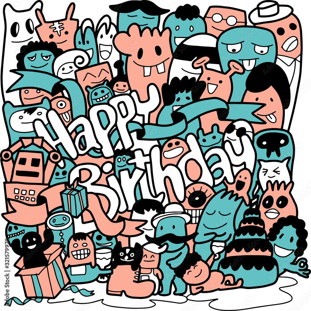Happy Birthday Hand drawn lines,A cute and fun monster with many colors.