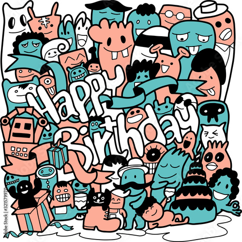 Happy Birthday Hand drawn lines A cute and fun monster with many colors.