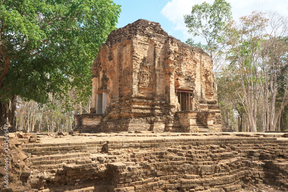 Kampong Thom, Cambodia-January 25, 2020: Flying palace relief on the wall of Sambor Prei Kuk or Prasat Sambor N1 in Kampong Thom, Cambodia