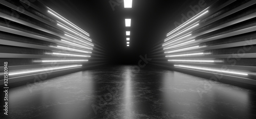 Beautiful composition of white neon lights on a black background. 3d rendering image. © Andrey Shtepa