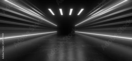 Beautiful composition of white neon lights on a black background. 3d rendering image.