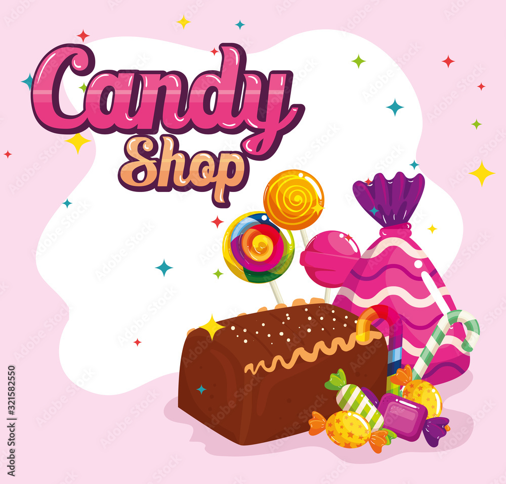 poster of candy shop with chocolate cake and candies vector illustration design poster of candy shop with chocolate cake and candies vector illustration design