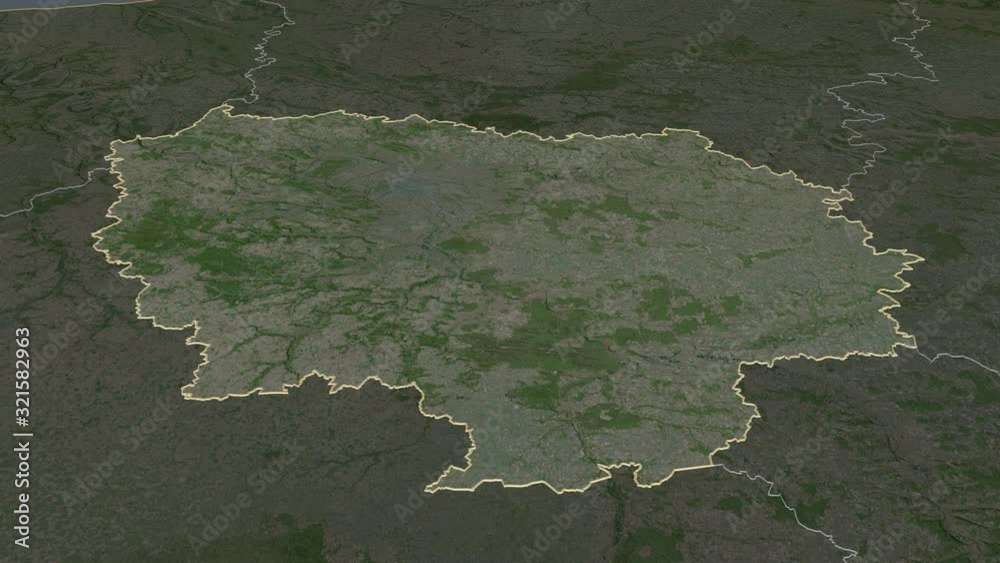 Île-de-France, region with its capital, zoomed and extruded on the satellite map of France in the conformal Stereographic projection. Animation 3D Île-de-France, region with its capital, zoomed and extruded on the satellite map of France in the conformal Stereographic projection. Animation 3D