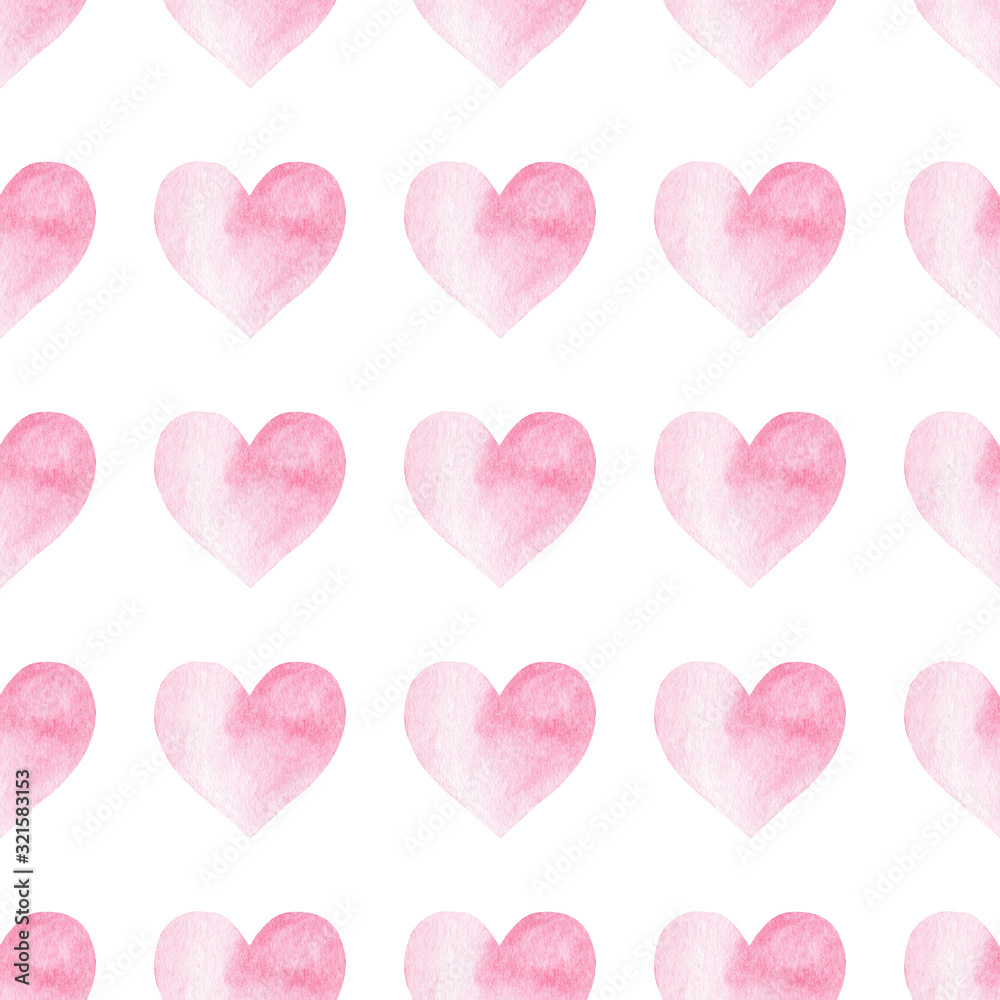 Seamless pattern with pink watercolor heart on white background.