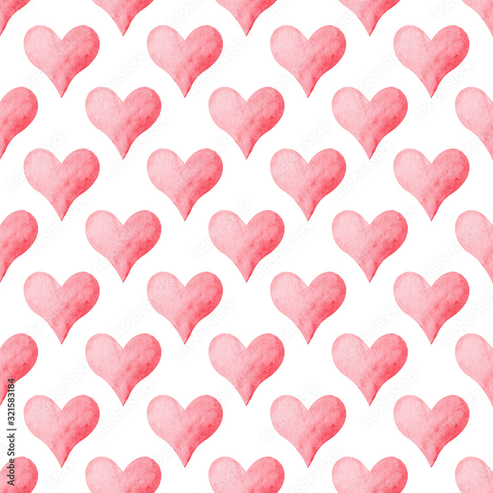 Seamless pattern with red watercolor heart on white background.