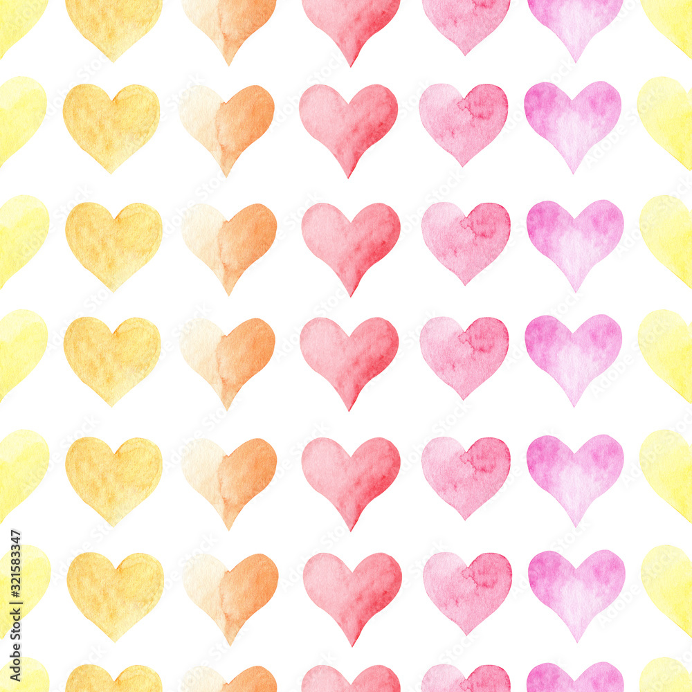 Watercolor colorful hearts seamless watercolor raster pattern.