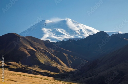 Mount Elbrus. View of snow tops of high Mount Elbrus. Landscape of the North Caucasus