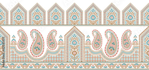 Seamless brown paisley border on white background with traditional Asian design elements photo