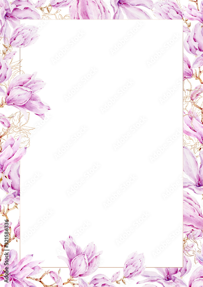 Watercolor hand painted magnolia flower. Pink and gold floral frame. Artistic floral illustration on white background. Can be used for wedding invitation, poster, greeting card, print, logotype Watercolor hand painted magnolia flower. Pink and gold floral frame. Artistic floral illustration on white background. Can be used for wedding invitation, poster, greeting card, print, logotype