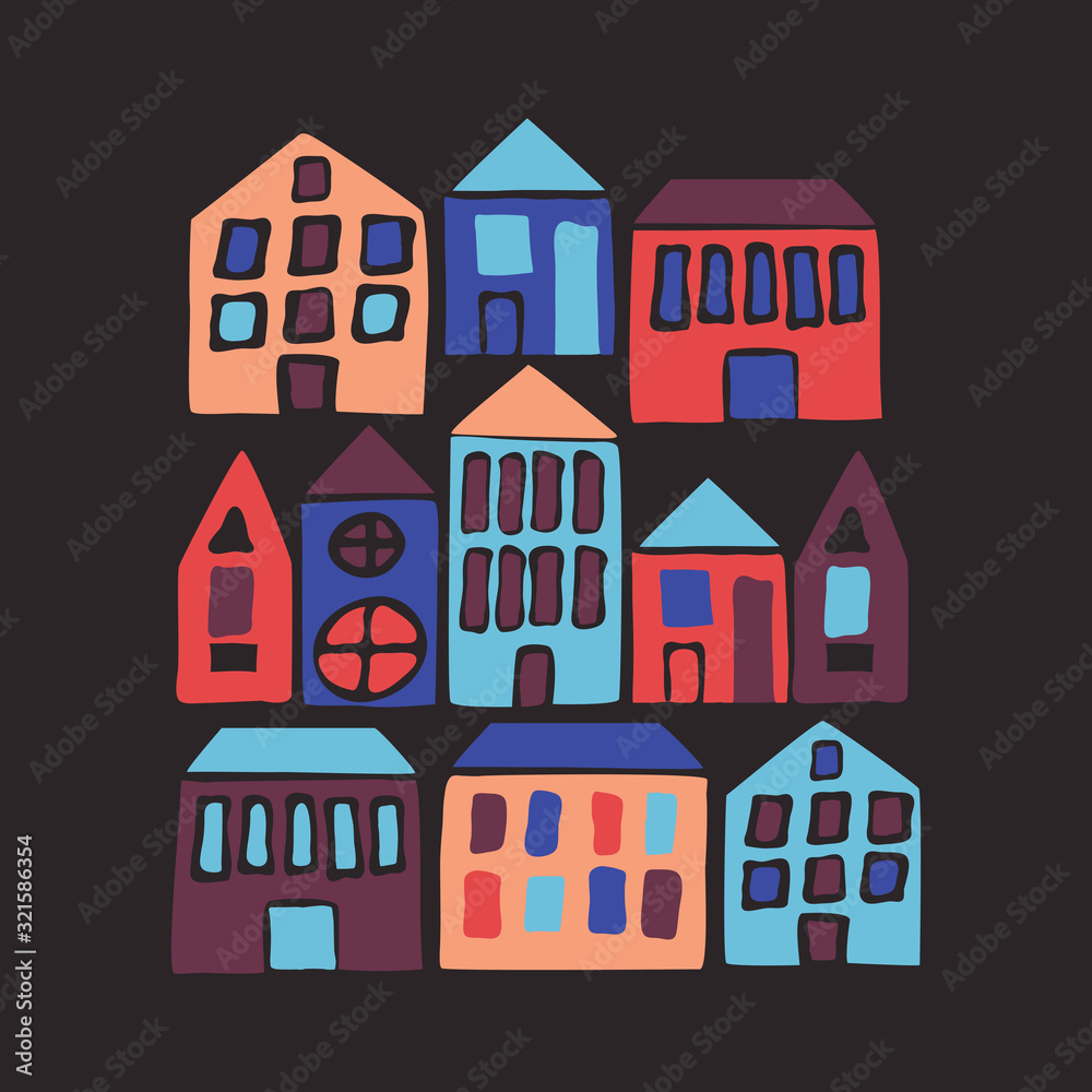 Hand drawn flat houses. Vector illustration with cartoon city.