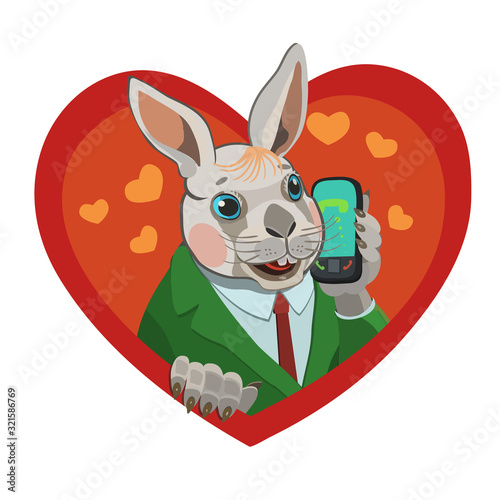 The rabbit calls the mobile phone, he loves it, loves it happy and satisfied with his life!