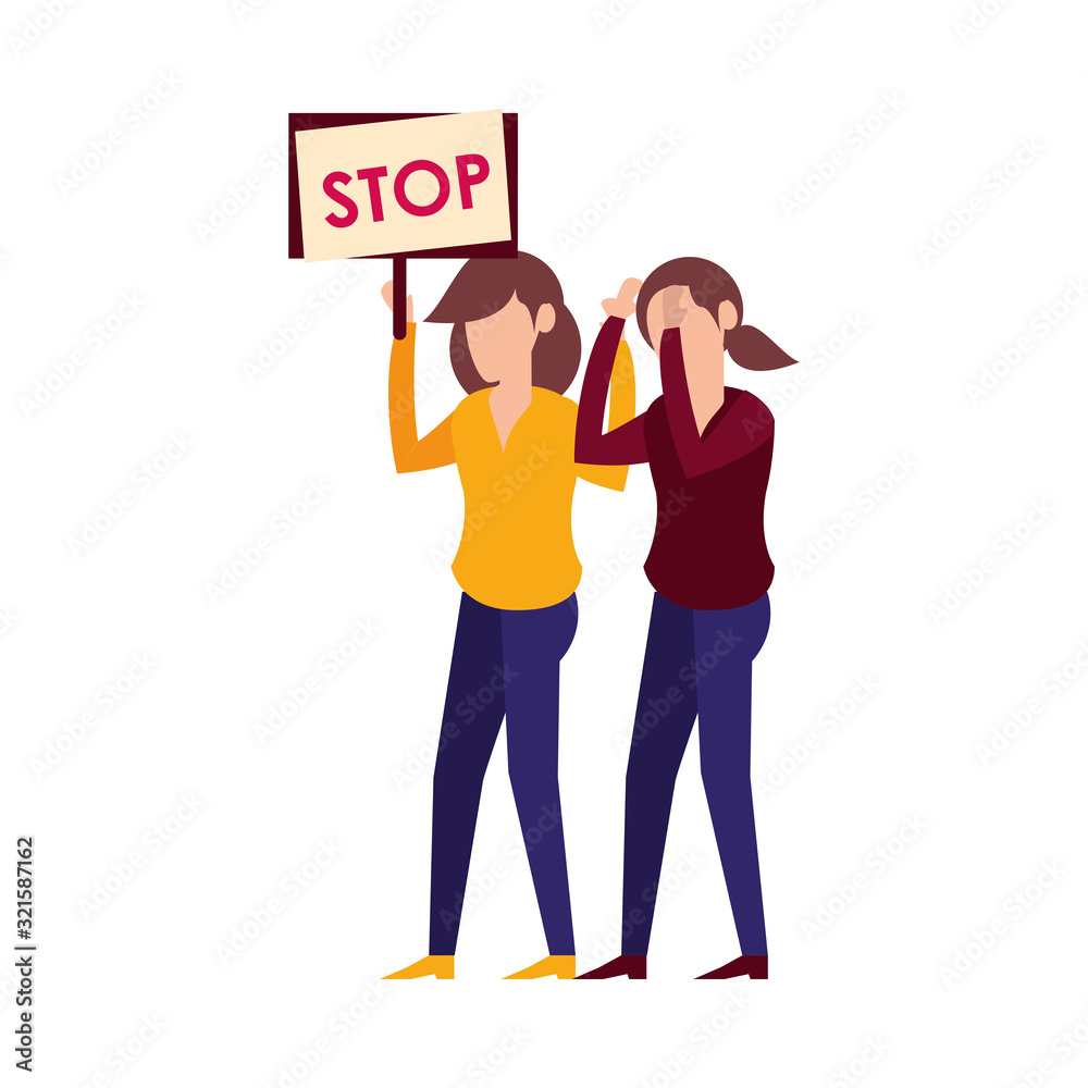 young women protesting with stop label characters young women protesting with stop label characters