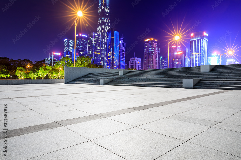 Empty square floor and Shenzhen city architectural scenery at night,China.
