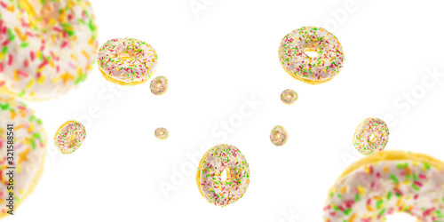 Doughnut with frosting. Glazed sweet doughnut falling on white background