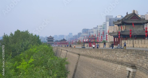 Famous Chinese ancient architecture stone city wall in Xian China