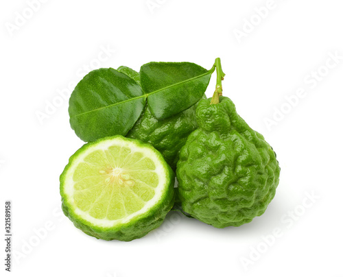 Bergamot or kaffir fruit with leaf isolated on white background,Is an herbal medicine.	
