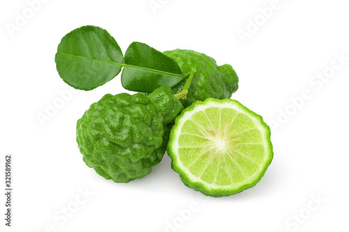 Bergamot or kaffir fruit with leaf isolated on white background,Is an herbal medicine.