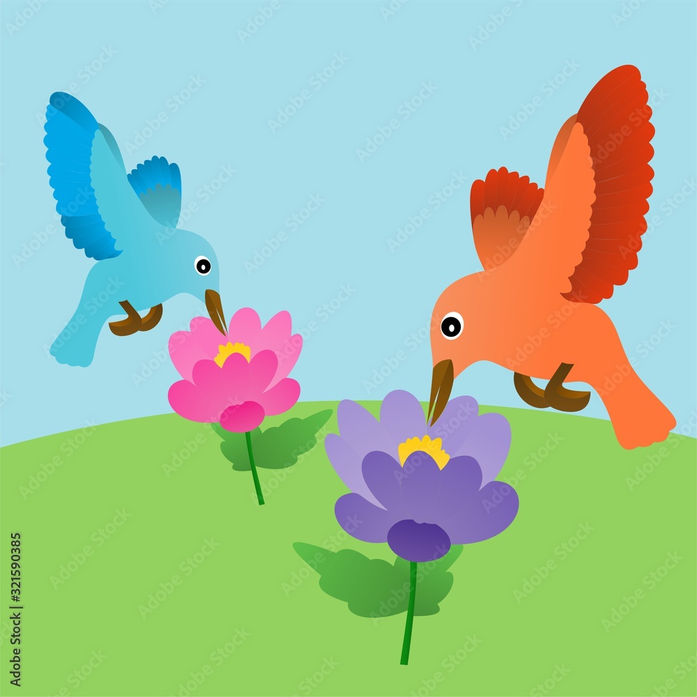 Illustration of Orange and Blue Bird and Pink and Purple Flower Cartoon, Cute Funny Character, Flat Design Illustration of Orange and Blue Bird and Pink and Purple Flower Cartoon, Cute Funny Character, Flat Design