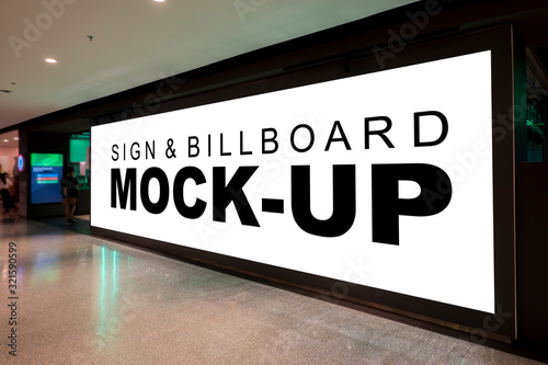 Mock up blank horizontal billboard on wall in shopping mall
