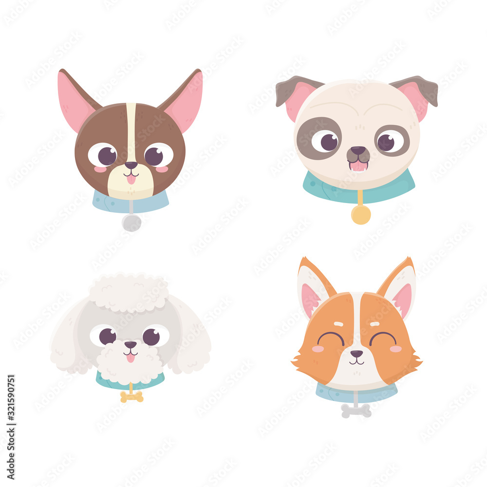 cute faces dog different pedigree domestic cartoon animal, collection pets