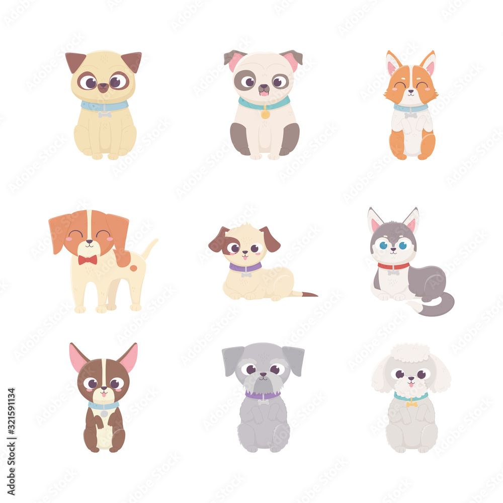 cute dog domestic cartoon animal, set pets