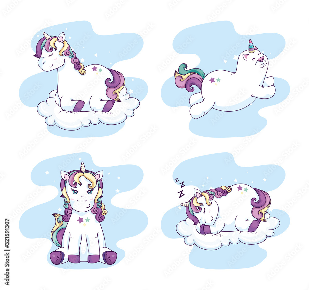 Obraz premium group of cute unicorns fantasy icons vector illustration design