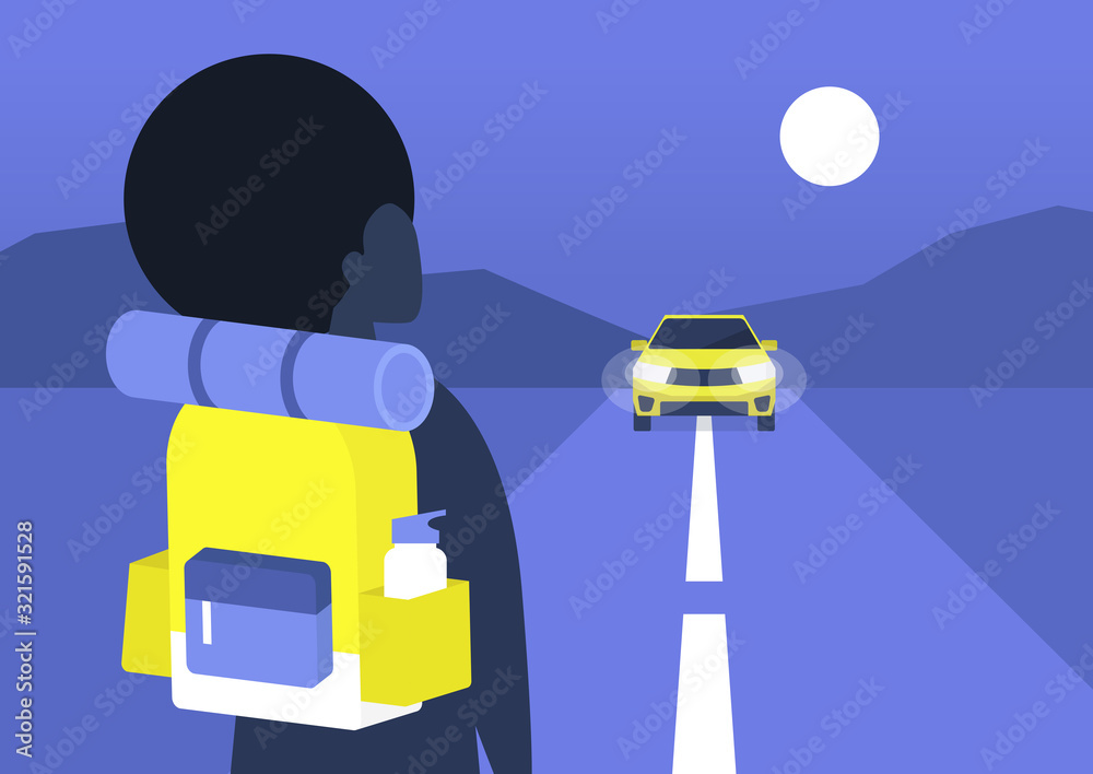 Young black female backpacker waiting a car to approach, hitchhiking, road trip adventures Young black female backpacker waiting a car to approach, hitchhiking, road trip adventures