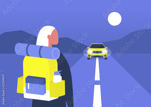 Young female backpacker waiting a car to approach, hitchhiking, road trip adventures
