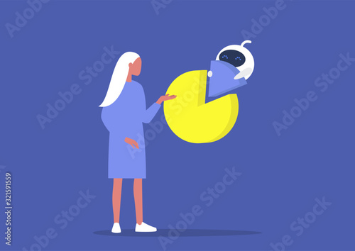 Machine learning, young female character supervising calculations made by the robot