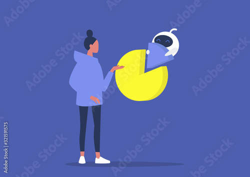 Machine learning, young female character supervising calculations made by the robot