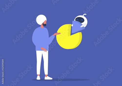 Machine learning, young indian male character supervising calculations made by the robot