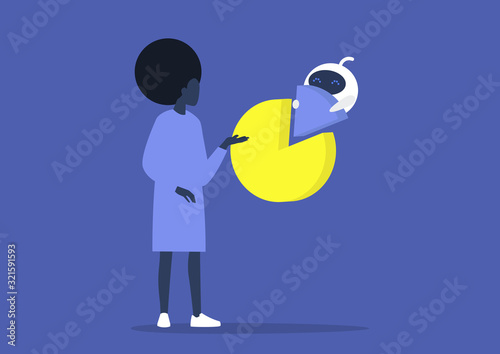 Machine learning, young black female character supervising calculations made by the robot