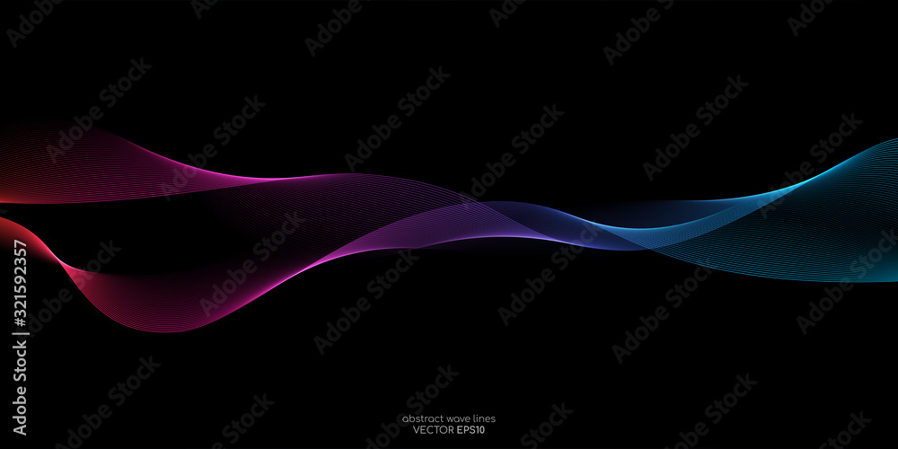 Abstract wave curve lines pattern dynamic colorful light flowing isolated on black background. Vector illustration design element in concept of music, party, technology, modern.