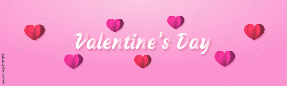 Happy Valentine's Day Landscape with love and calligraphy paper art style in pink white background. perfect for invitation, greeting card, celebration vector illustration.