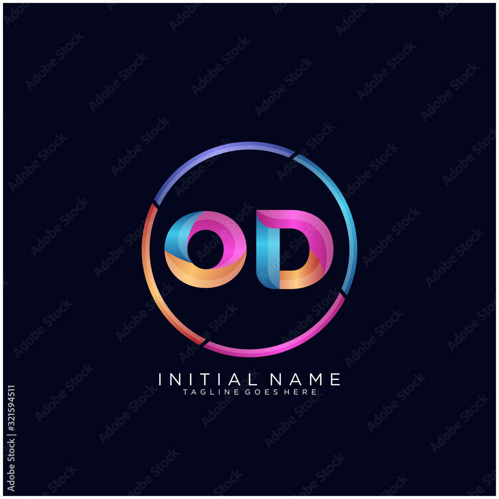 Initial letter OD curve rounded logo, gradient vibrant colorful glossy colors on black background Initial letter OD curve rounded logo, gradient vibrant colorful glossy colors on black background