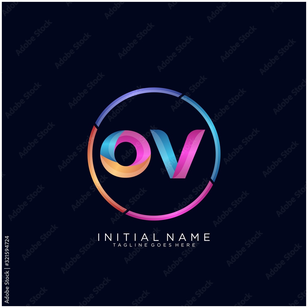 Initial letter OV curve rounded logo, gradient vibrant colorful glossy colors on black background Initial letter OV curve rounded logo, gradient vibrant colorful glossy colors on black background