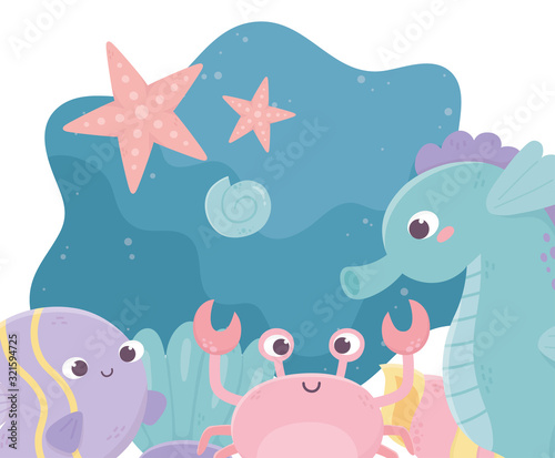 starfishes seahorse crab algae snail life cartoon under the sea