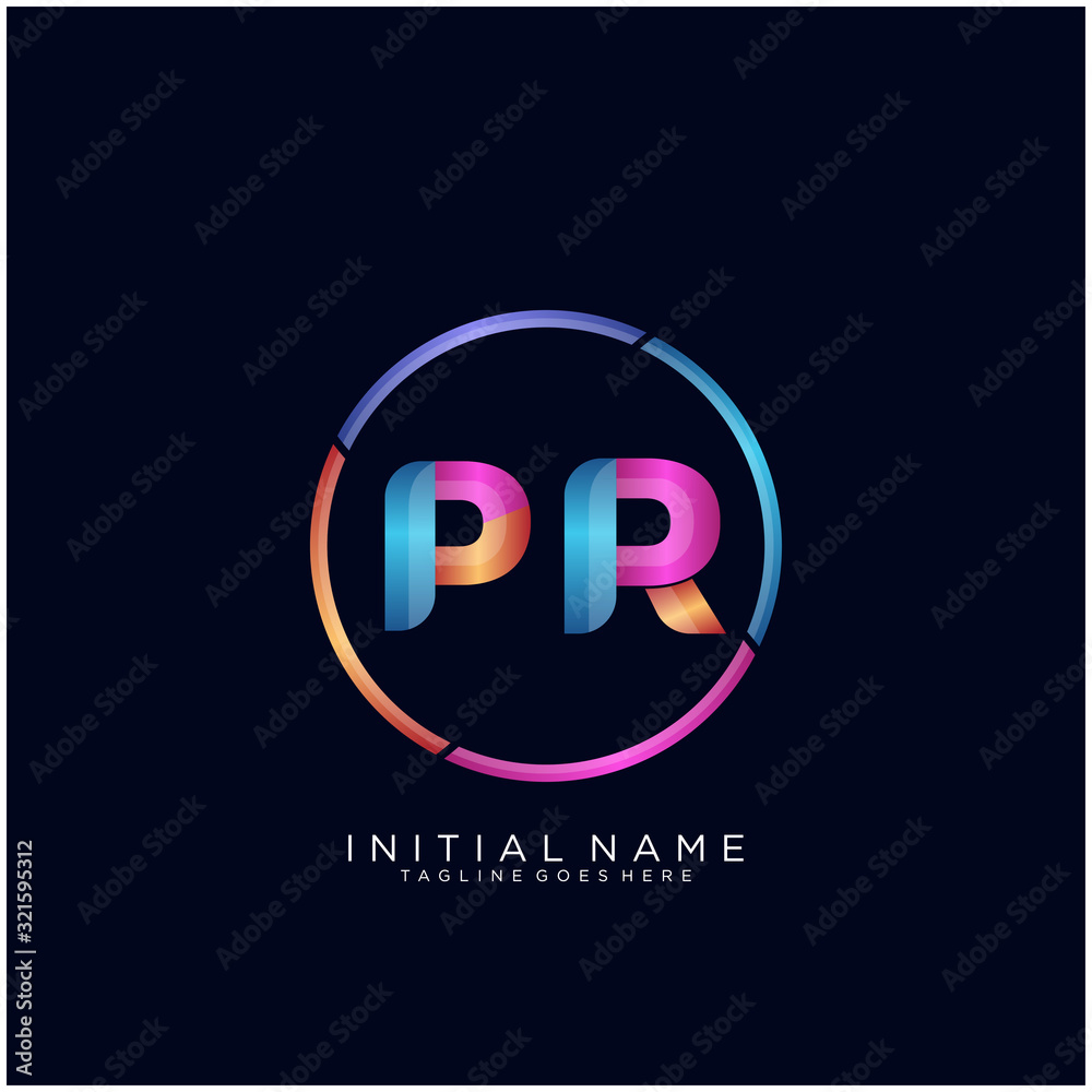 Initial letter PR curve rounded logo, gradient vibrant colorful glossy colors on black background