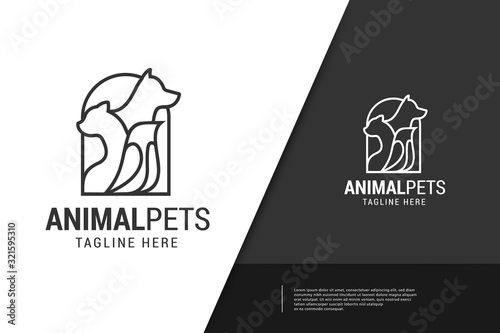 Home pets Logo dog cat design vector template Linear style. Animals Veterinary clinic Logotype concept outline icon.