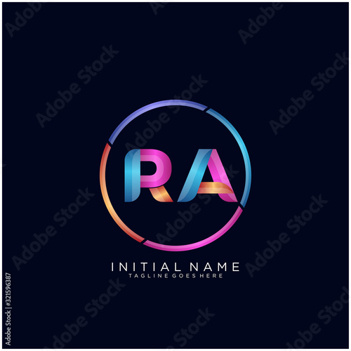 Initial letter RA curve rounded logo, gradient vibrant colorful glossy colors on black background