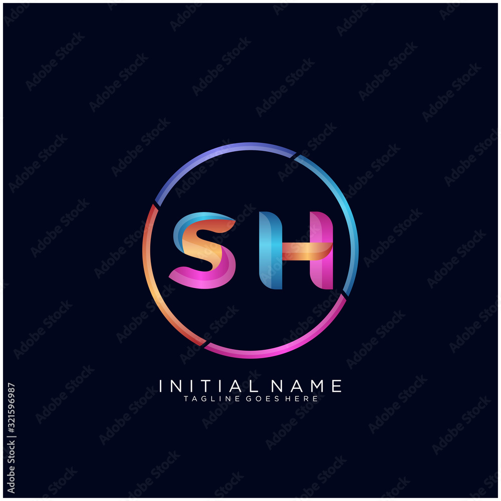 Fototapeta premium Initial letter SH curve rounded logo, gradient vibrant colorful glossy colors on black background