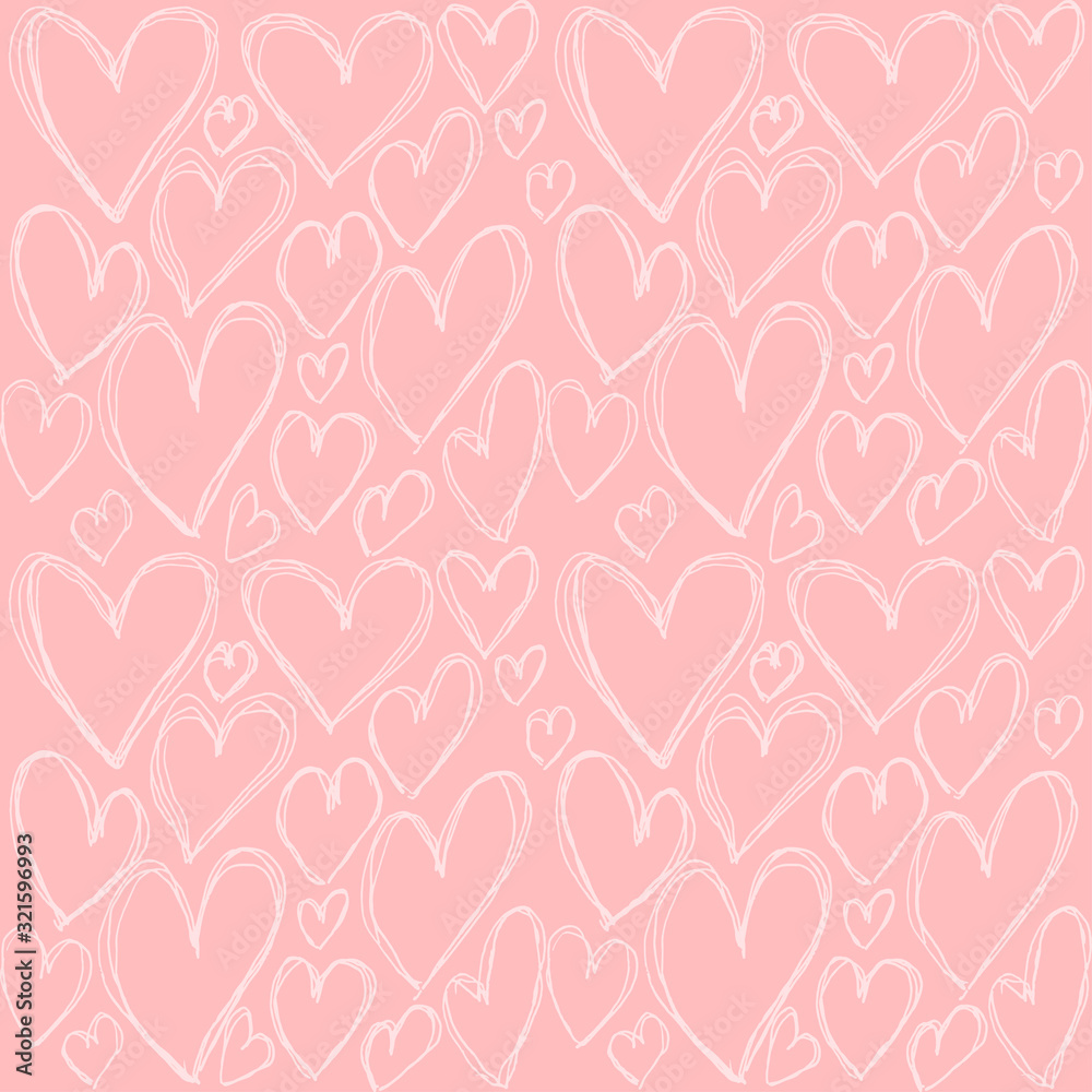 Vector pink seamless pattern with doodle heart. Valentines day and wedding sketch background. Vector illustration.
