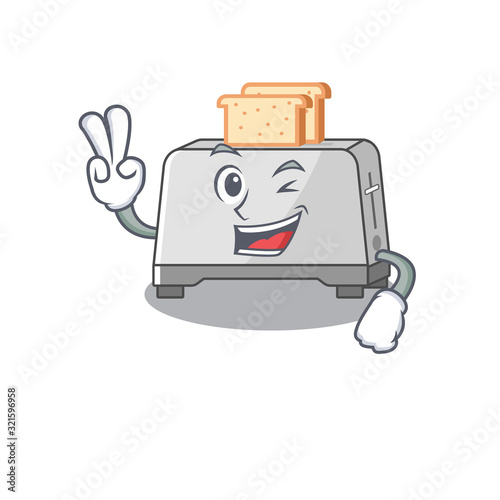 mascot of funny bread toaster cartoon Character with two fingers