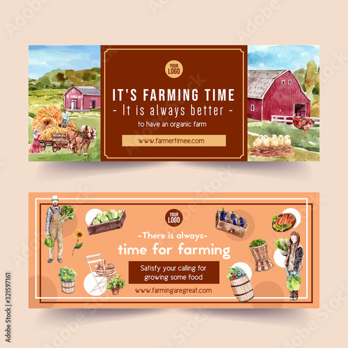 Farmer banner design with chicken, haystack watercolor illustration,
