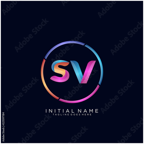 Initial letter SV curve rounded logo, gradient vibrant colorful glossy colors on black background