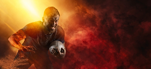 Rugby football player. Sports banner